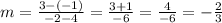 m=\frac{3-\left(-1\right)}{-2-4}=\frac{3+1}{-6}=\frac{4}{-6}=-\frac{2}{3}