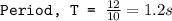 \texttt{Period, T = }\frac{12}{10}=1.2s
