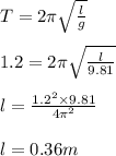 T=2\pi\sqrt{\frac{l}{g}}\\\\1.2=2\pi\sqrt{\frac{l}{9.81}}\\\\l=\frac{1.2^2\times 9.81}{4\pi^2}\\\\l=0.36m