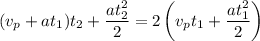 \displaystyle (v_p+at_1)t_2+\frac{at_2^2}{2}=2\left (v_pt_1+\frac{at_1^2}{2}\right )