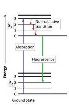 Compare the energies of excitation and emission for fluorescence. which is greater and why?