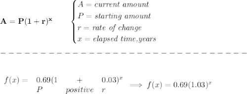 \bf A=P(1+r)^x\qquad &#10;\begin{cases}&#10;A=\textit{current amount}\\&#10;P=\textit{starting amount}\\&#10;r=\textit{rate of change}\\&#10;x=\textit{elapsed time,years}\\&#10;\end{cases}\\\\&#10;-------------------------------\\\\&#10;&#10;\begin{array}{llcll}&#10;f(x)=&0.69(1&+&0.03)^x\\&#10;&P&positive&r&#10;\end{array}\implies f(x)=0.69(1.03)^x