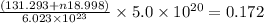 \frac{(131.293+ n18.998)}{6.023\times 10^{23}}\times 5.0\times 10^{20}=0.172