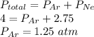P_{total}=P_{Ar}+P_{Ne}\\4=P_{Ar}+2.75\\P_{Ar}=1.25\ atm