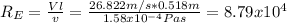 R_E= \frac{Vl}{v}= \frac{26.822m/s*0.518 m}{1.58x10^{-4} Pa s}= 8.79 x10^{4}