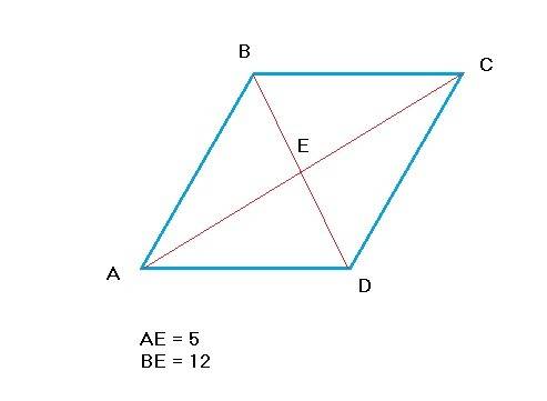 In rhombus abcd, the diagonal line ac and line bd intersect at e. if ae=5 and be = 12, what is the l