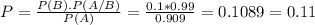 P = \frac{P(B).P(A/B)}{P(A)} = \frac{0.1*0.99}{0.909} = 0.1089 = 0.11