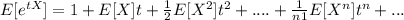 E[e^{tX}]= 1+ E[X]t +\frac{1}{2}E[X^2]t^2 +....+\frac{1}{n1}E[X^n] t^n+...