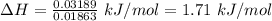 \Delta H=\frac{0.03189}{0.01863}\ kJ/mol=1.71\ kJ/mol