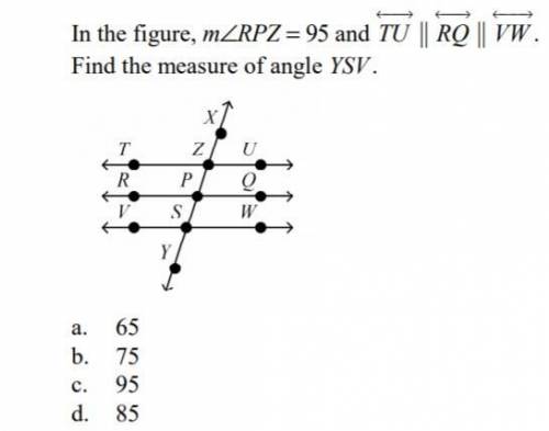 In the figure, mzrpz = 95 and tu ||rq|| vw. find the measure of angle ysv.