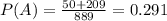 P(A) = \frac{50+209}{889}=0.291