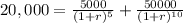 20,000 =  \frac{5000}{(1 + r)^5} + \frac{50000}{(1 + r)^{10}}