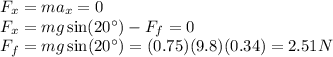 F_x = ma_x  = 0\\F_x = mg\sin(20^\circ) - F_f = 0\\F_f = mg\sin(20^\circ) = (0.75)(9.8)(0.34) = 2.51 N