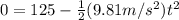 0=125-\frac{1}{2}(9.81m/s^2)t^2