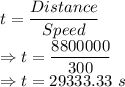 t=\dfrac{Distance}{Speed}\\\Rightarrow t=\dfrac{8800000}{300}\\\Rightarrow t=29333.33\ s