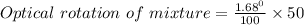 Optical\ rotation\ of\ mixture=\frac {1.68^0}{100}\times 50