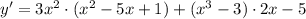 y'=3x^2\cdot (x^2-5x+1)+(x^3-3)\cdot 2x-5