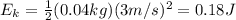 E_k=\frac{1}{2}(0.04 kg)(3 m/s)^2=0.18 J