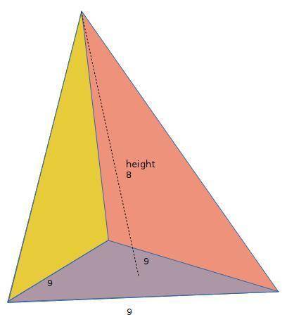Calculate the volume of the regular triangular pyramid with the base edges of length 9 inches and a