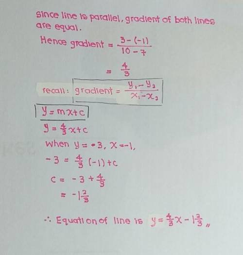 Write the equation of the line that passes through (-1, -3) and is parallel to the line that passes