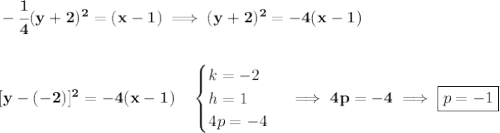 \bf -\cfrac{1}{4}(y+2)^2=(x-1)\implies (y+2)^2={-4}(x-1)&#10;\\\\\\\&#10;[y-(-2)]^2=-4(x-1)\quad &#10;\begin{cases}&#10;k=-2\\&#10;h=1\\&#10;4p=-4&#10;\end{cases}\implies 4p=-4\implies \boxed{p=-1}