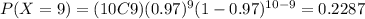 P(X=9)=(10C9)(0.97)^9 (1-0.97)^{10-9}=0.2287