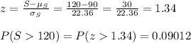 z=\frac{S-\mu_S}{\sigma_S} =\frac{120-90}{22.36}=\frac{30}{22.36}=1.34\\\\P(S120)=P(z1.34)=0.09012