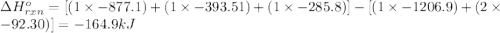 \Delta H^o_{rxn}=[(1\times -877.1)+(1\times -393.51)+(1\times -285.8)]-[(1\times -1206.9)+(2\times -92.30)]=-164.9kJ