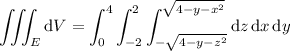 \displaystyle\iiint_E\mathrm dV=\int_0^4\int_{-2}^2\int_{-\sqrt{4-y-z^2}}^{\sqrt{4-y-x^2}}\mathrm dz\,\mathrm dx\,\mathrm dy