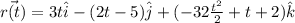 \vec{r(t)}=3t \hat{i}-(2 t-5)\hat{j}+(-32\frac{t^2 }{2} +t+2)\hat{k}}