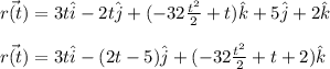 \vec{r(t)}=3t \hat{i}-2 t\hat{j}+(-32\frac{t^2 }{2} +t)\hat{k}}+5 \hat{j}+2 \hat{k}\\\\\vec{r(t)}=3t \hat{i}-(2 t-5)\hat{j}+(-32\frac{t^2 }{2} +t+2)\hat{k}}