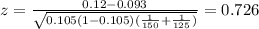 z=\frac{0.12-0.093}{\sqrt{0.105(1-0.105)(\frac{1}{150}+\frac{1}{125})}}=0.726