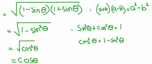 Simplify square root parenthesis 1 minus sine theta parenthesis times parenthesis 1 plus sine theta