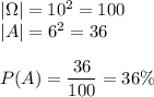 |\Omega|=10^2=100\\&#10;|A|=6^2=36\\\\&#10;P(A)=\dfrac{36}{100}=36\%