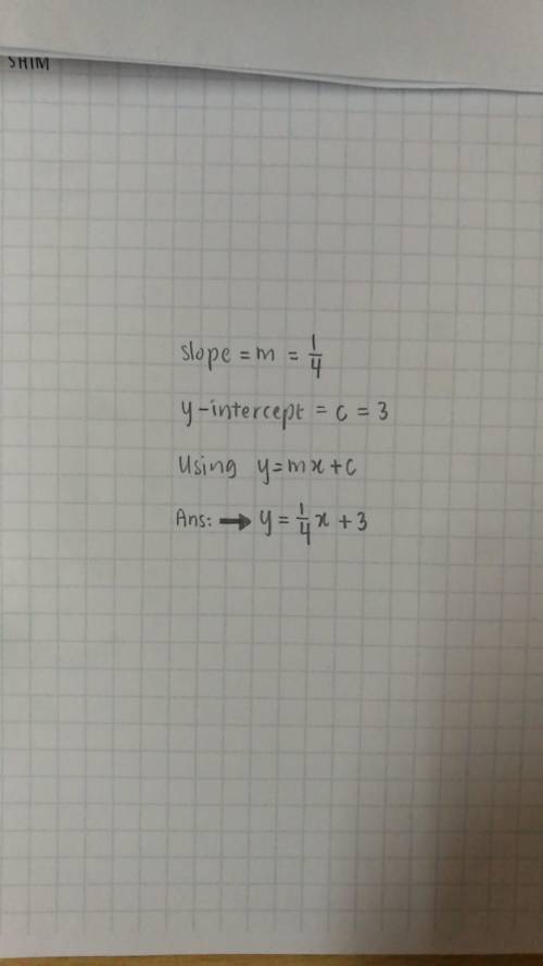 What's the equation of the line slope 1/4 y-intercept:  3