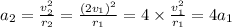 a_2=\frac{v_2^{2}}{r_2}=\frac{(2v_1)^{2}}{r_1}=4\times \frac{v_1^{2}}{r_1}=4a_1