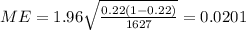 ME=1.96\sqrt{\frac{0.22 (1-0.22)}{1627}}=0.0201