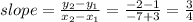 slope = \frac{y_2-y_1}{x_2-x_1} =\frac{-2-1}{-7+3} =\frac{3}{4}