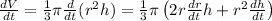 \frac{dV}{dt}=\frac{1}{3} \pi \frac{d}{dt}(r^{2}h)=\frac{1}{3} \pi \left(2r\frac{dr}{dt}h+r^{2}\frac{dh}{dt} \right)