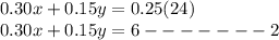 0.30x+0.15y=0.25(24)\\0.30x+0.15y=6-------2