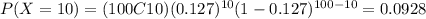 P(X=10)=(100C10)(0.127)^{10} (1-0.127)^{100-10}=0.0928