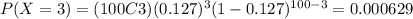 P(X=3)=(100C3)(0.127)^{3} (1-0.127)^{100-3}=0.000629