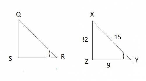 Triangles q r s and x y z are shown. angles q s r and x z y are right angles. angles q r s and x y z