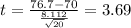 t=\frac{76.7-70}{\frac{8.112}{\sqrt{20}}}=3.69