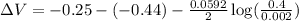 \Delta V=-0.25-(-0.44)-\frac{0.0592}{2}\log (\frac{0.4}{0.002})