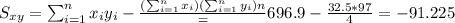 S_{xy}=\sum_{i=1}^n x_i y_i -\frac{(\sum_{i=1}^n x_i)(\sum_{i=1}^n y_i){n}}=696.9-\frac{32.5*97}{4}=-91.225