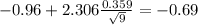 -0.96+2.306\frac{0.359}{\sqrt{9}}=-0.69