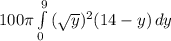 100\pi\int\limits^9_0 {(\sqrt y)^2(14-y)} \, dy