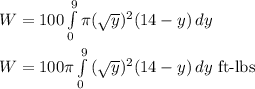 W=100\int\limits^9_0 {\pi (\sqrt y)^2(14-y)} \, dy\\\\W=100\pi\int\limits^9_0 { (\sqrt y)^2(14-y)} \, dy\textrm{ ft-lbs}