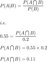 P(A|B)=\dfrac{P(A\bigcap B)}{P(B)}\\\\\\i.e.\\\\0.55=\dfrac{P(A\bigcap B)}{0.2}\\\\P(A\bigcap B)=0.55\times 0.2\\\\P(A\bigcap B)=0.11